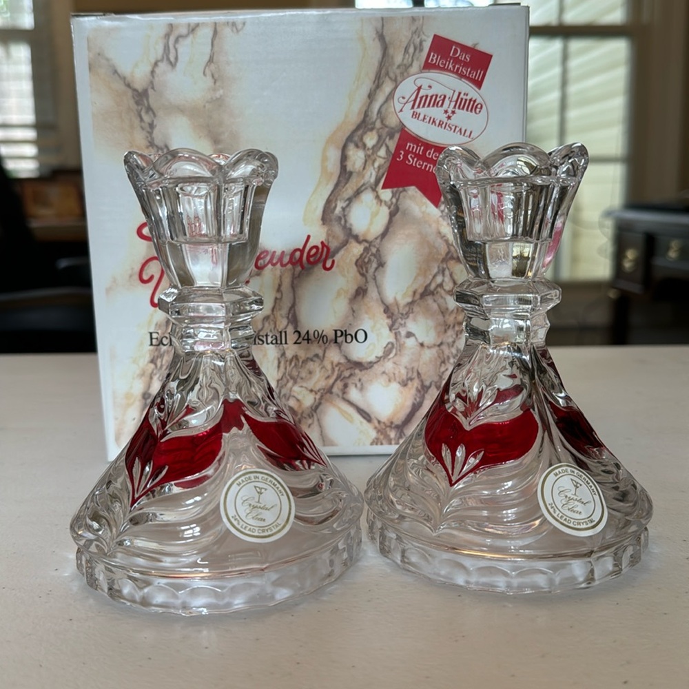 Anna Hutte pair of vintage lead crystal candlesticks in box. NIB. German made.